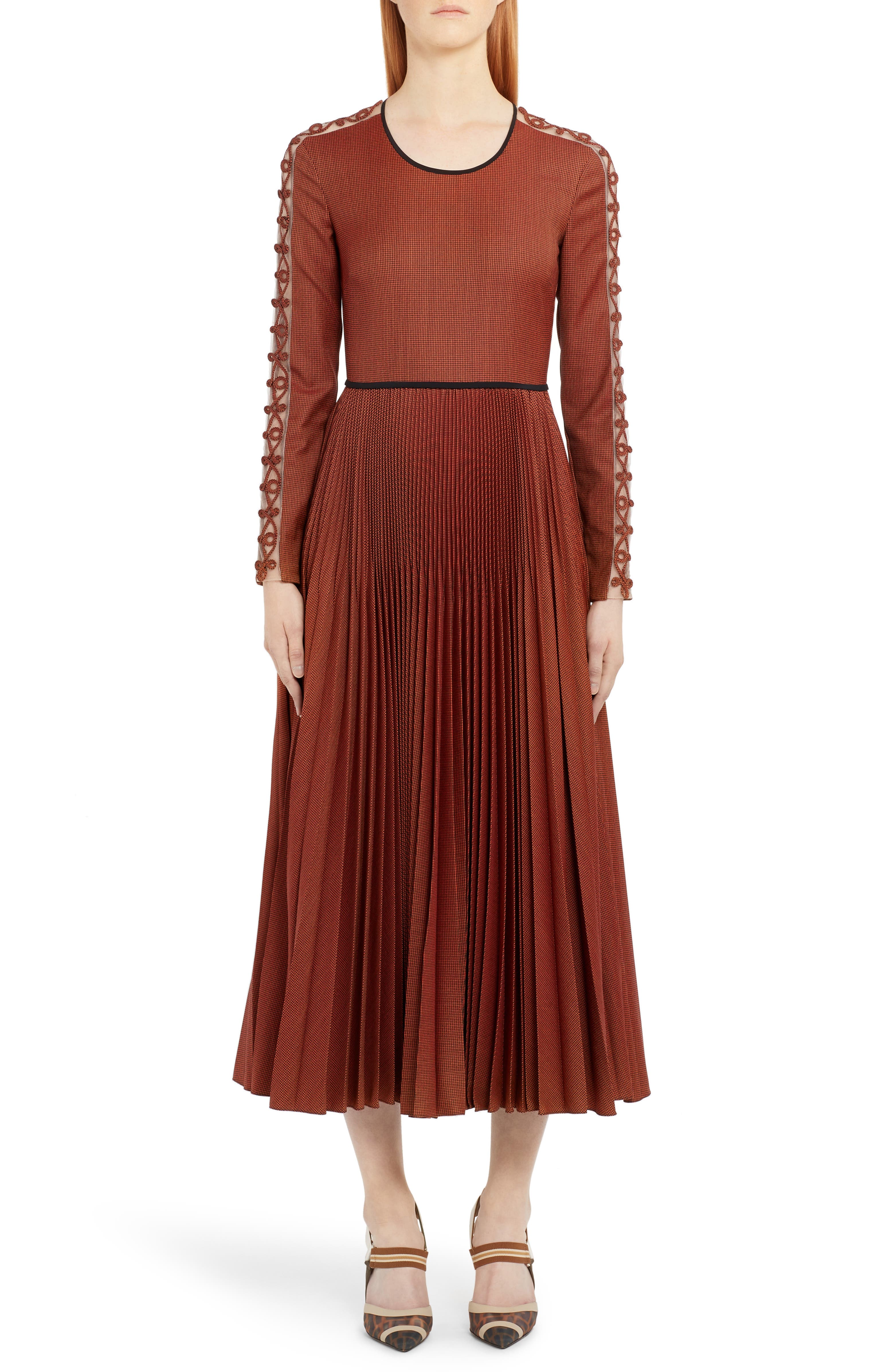 Fendi Long Sleeve Rope Trim Pleated Wool Blend Midi Dress | Nordstrom
