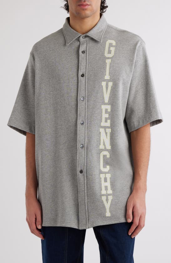 Shop Givenchy Oversize Logo Short Sleeve Cotton Jersey Button-up Shirt In Light Grey