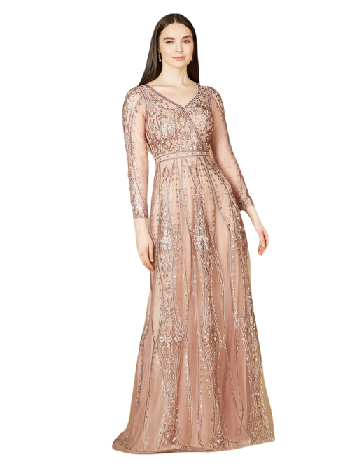 Lara New York Long Illusion Sleeves, A-line Long Gown In Mauve
