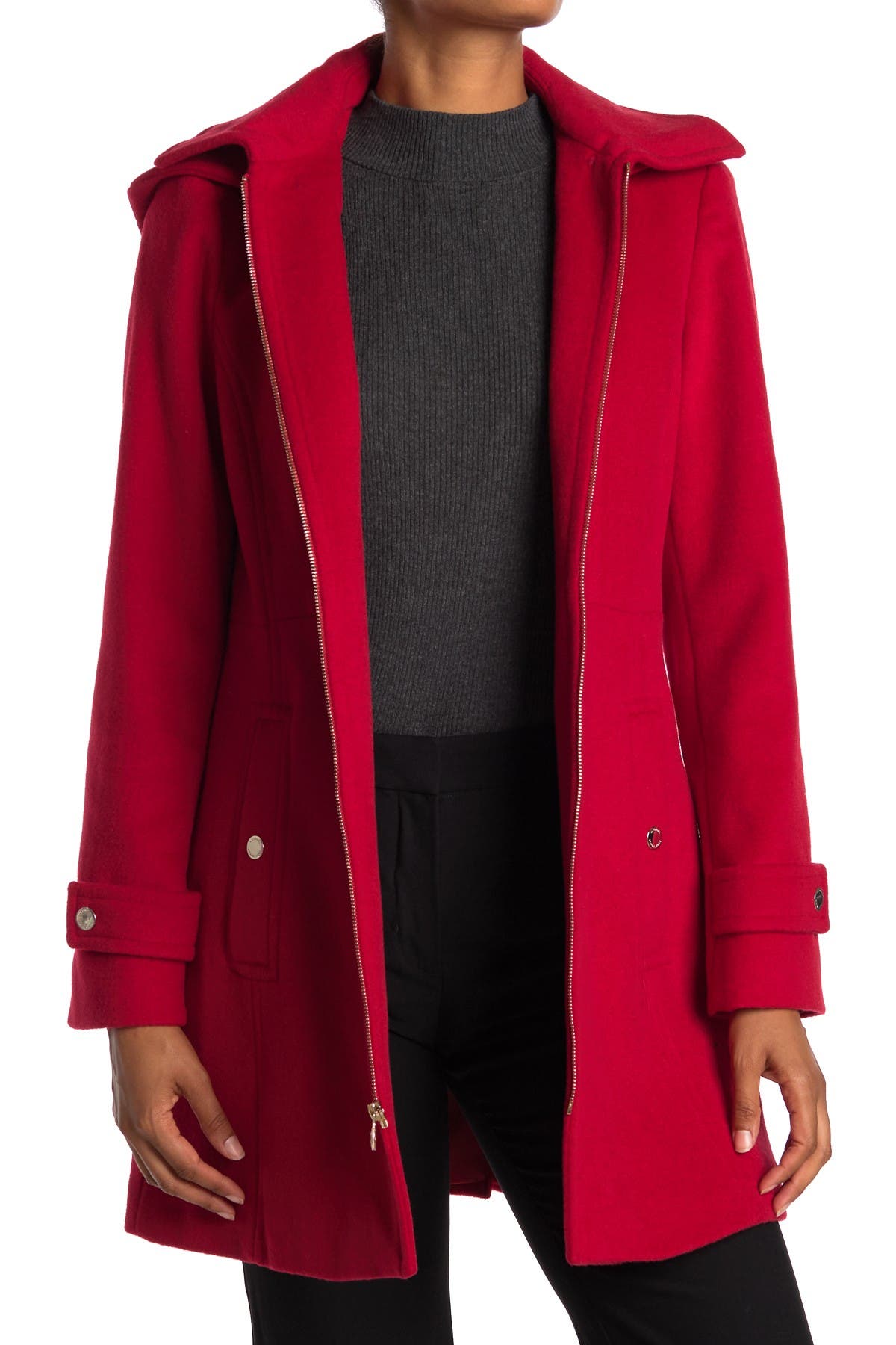 Zip Front Wool Blend Hooded Coat 