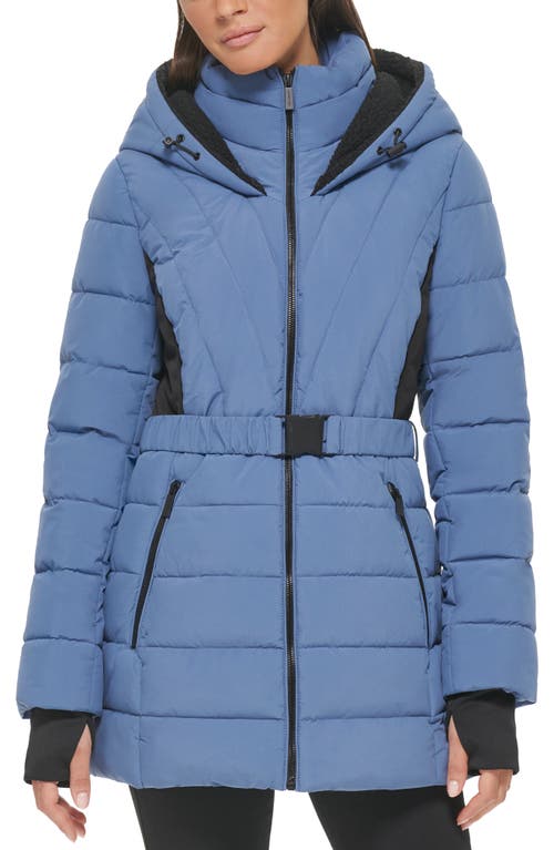 Kenneth Cole New York Berber Belted Stretch Water Resistant Hooded Puffer Jacket in Lake Blu