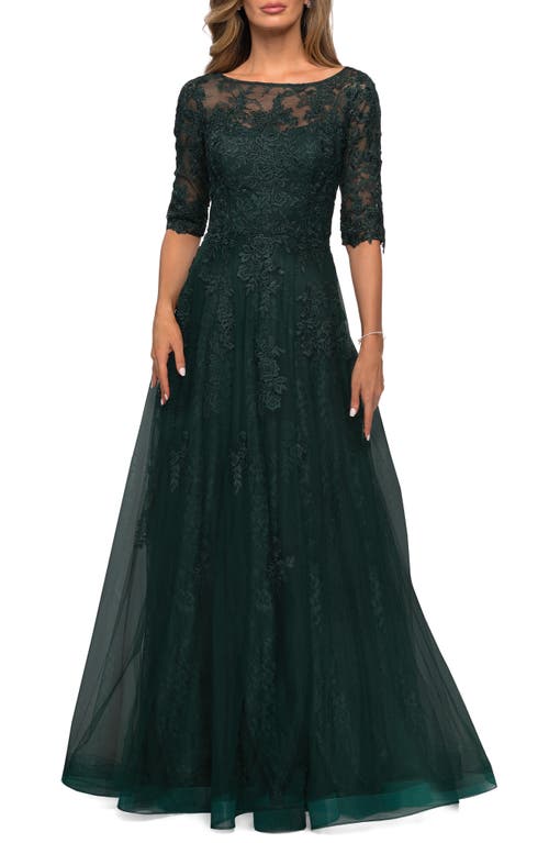 Floral Lace & Tulle Gown in Emerald