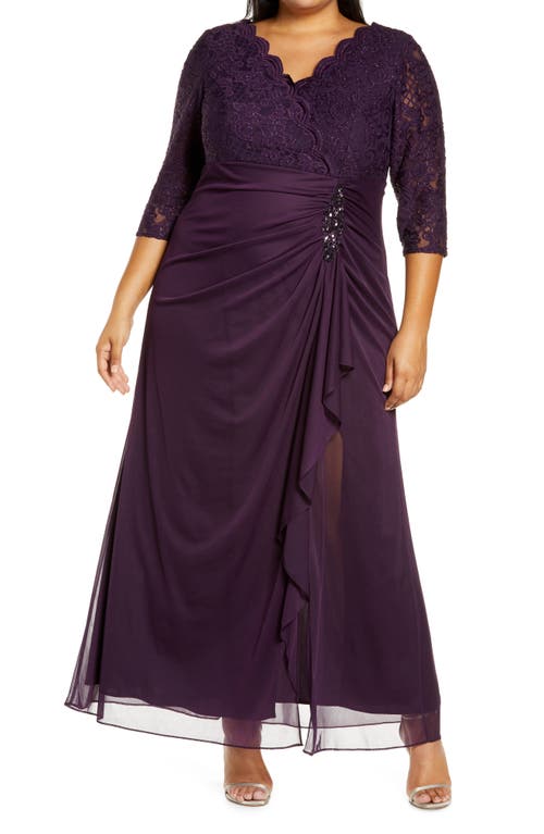 Alex Evenings Beaded Lace Bodice Empire Waist Gown in Eggplant