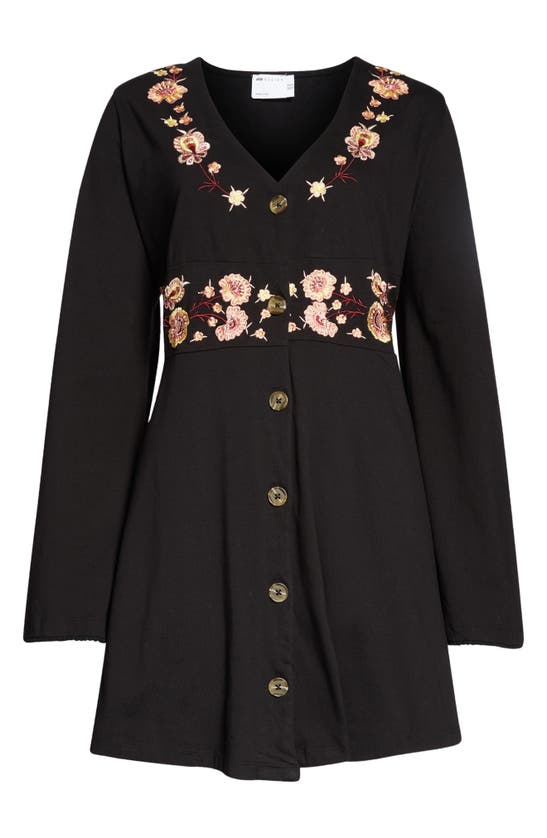 Asos Design Embroidered Long Sleeve Cotton Minidress In Black