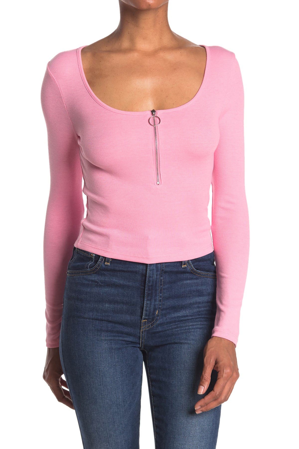 Elodie Long Sleeve Ribbed O-ring Zipper Top In Pink ModeSens