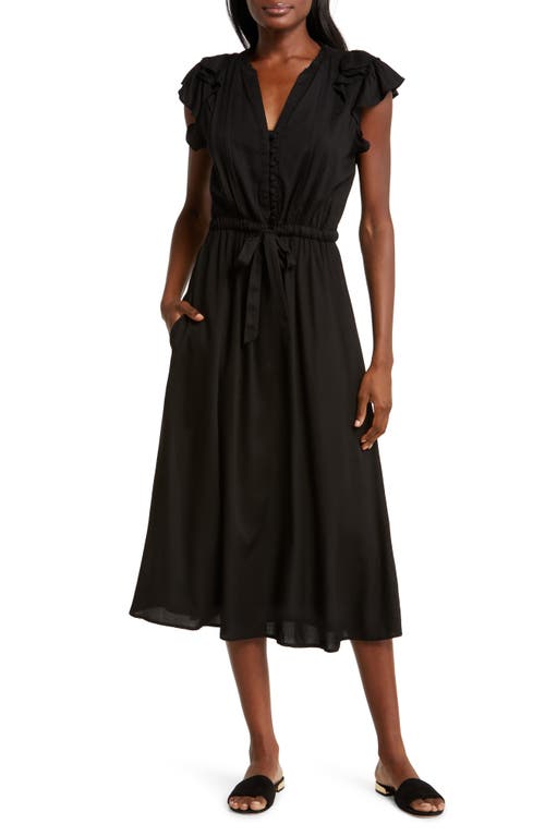 Tiered Ruffle Cap Sleeve Midi Cover-Up Dress in Black