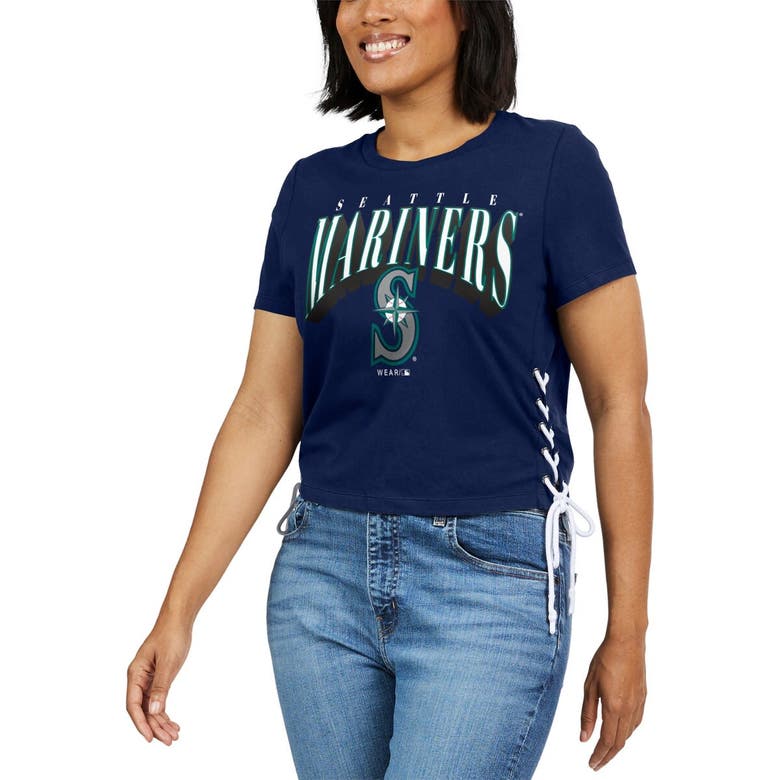 Shop Wear By Erin Andrews Navy Seattle Mariners Side Lace-up Cropped T-shirt