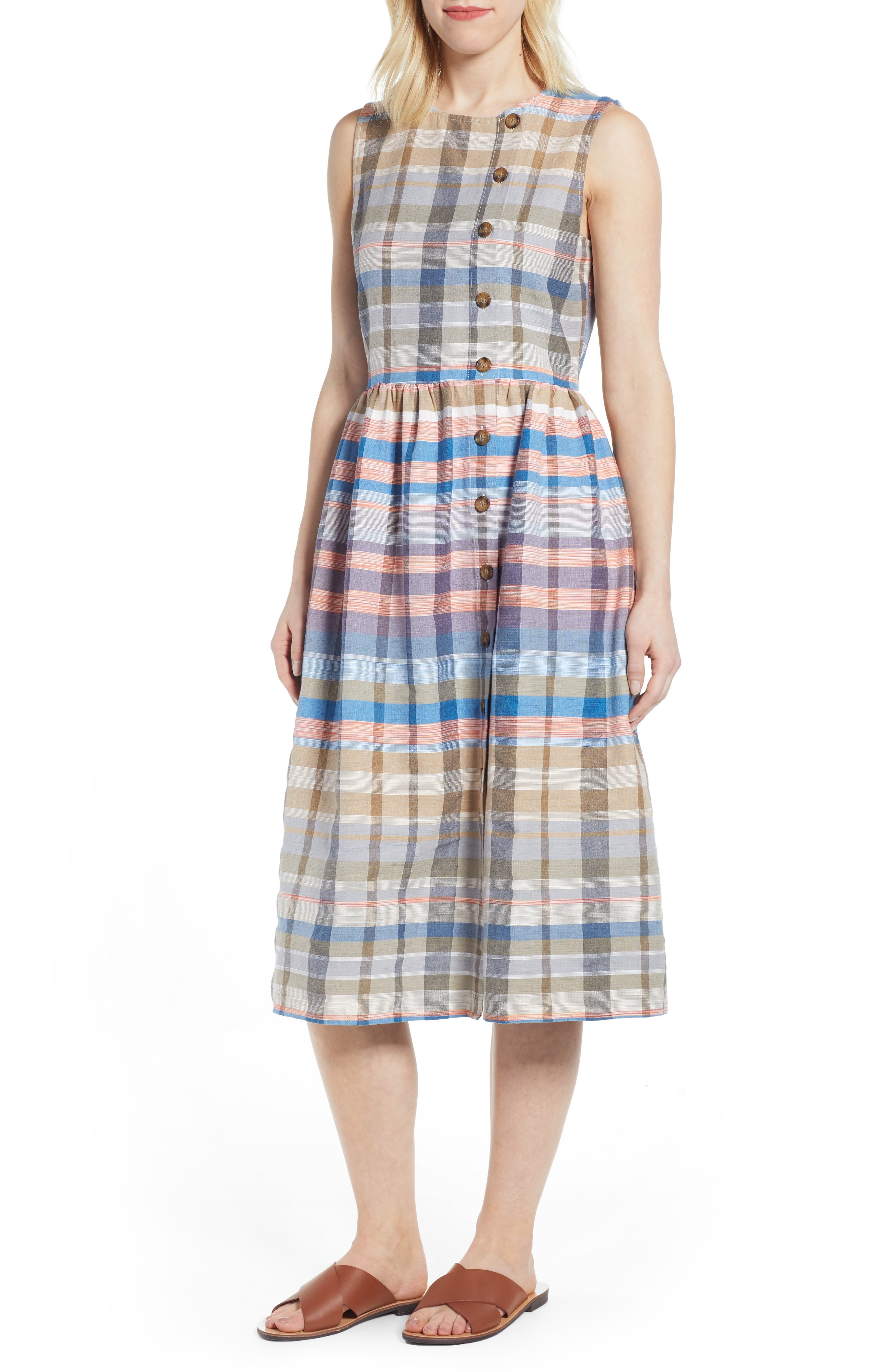 Caslon Plaid Button Midi Dress, Blue