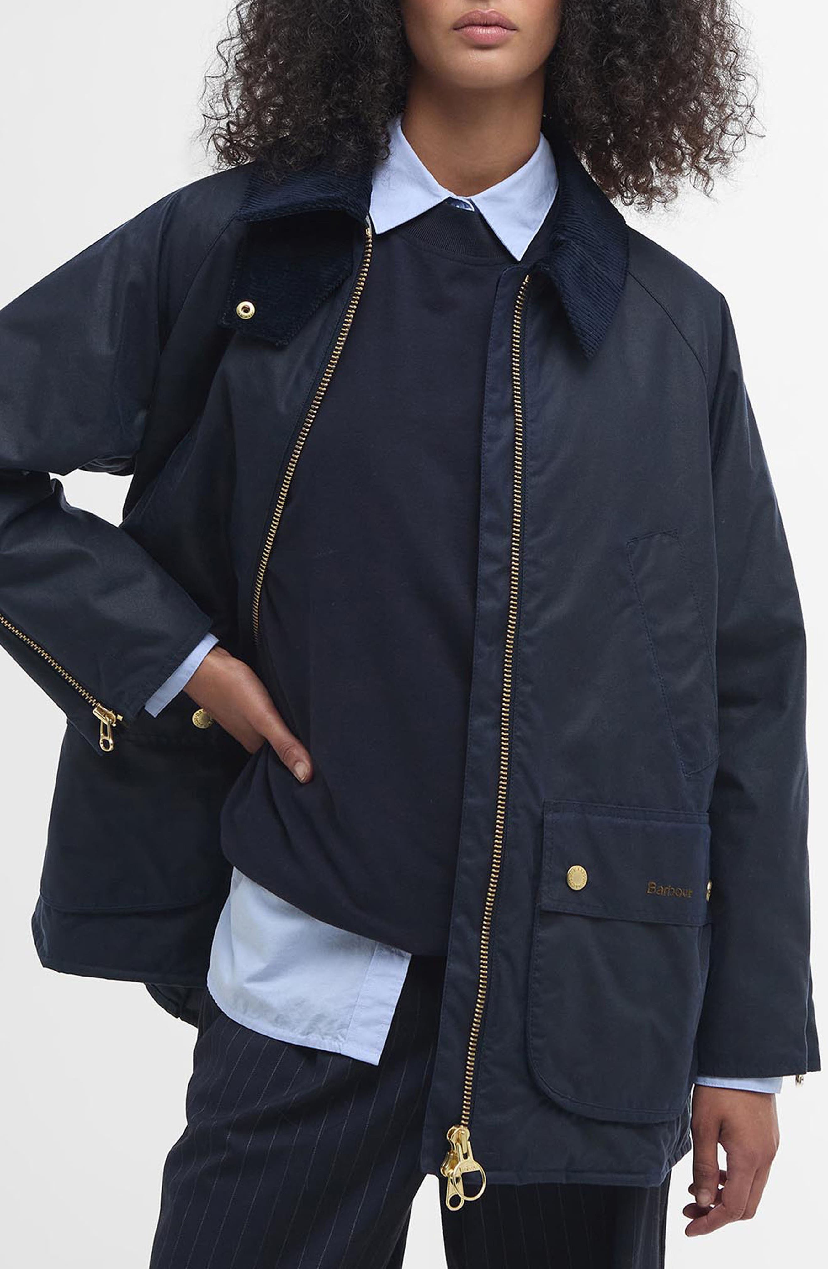 Barbour Esther Water Resistant Waxed Cotton Jacket in Royal Navy/Dress Tartan 