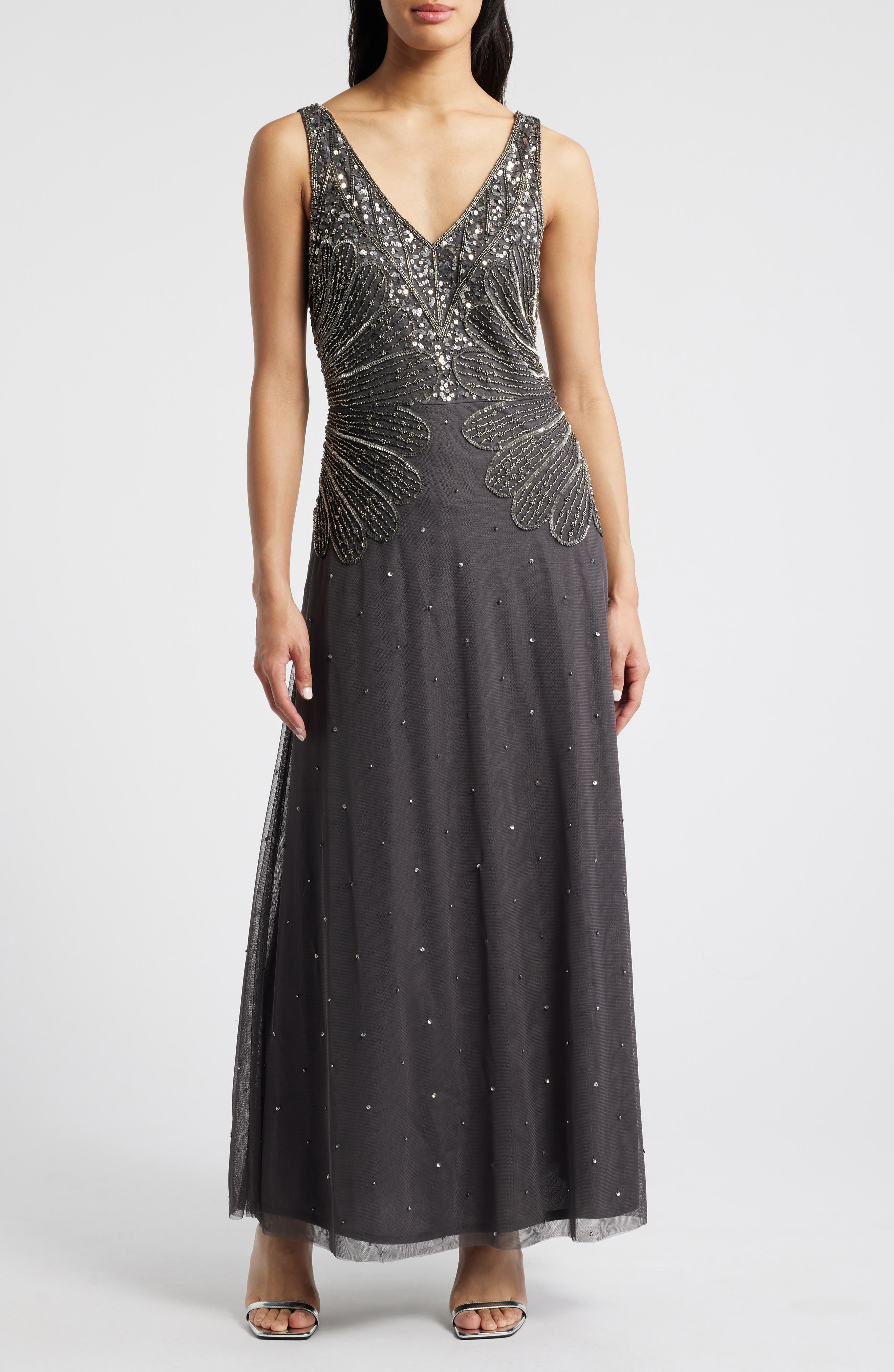 Pisarro Nights Beaded Sleeveless Chiffon Dress in Ash 029 