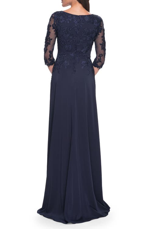 La Femme Jersey Gown With Boat Neckline And Lace Detailing In Navy