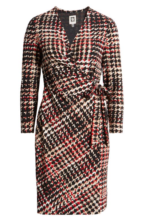 Shop Anne Klein Houndstooth Knit Faux Wrap Dress In Anne Black Multi