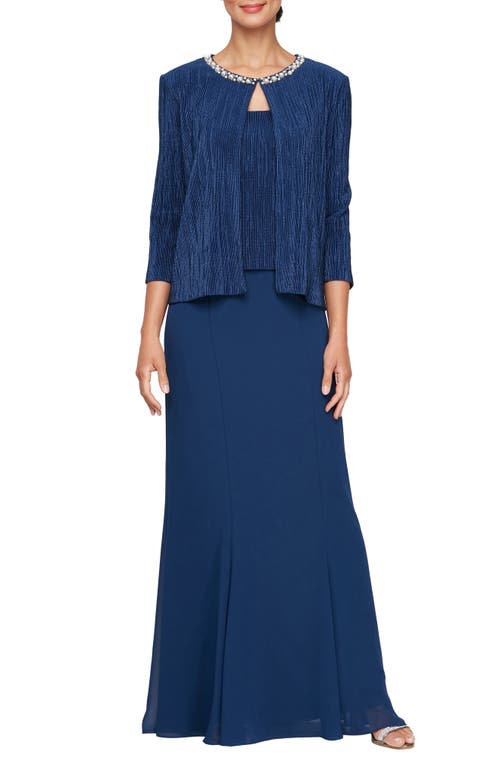 Shop Alex Evenings Metallic Mock Two-piece Gown With Jacket In Cobalt