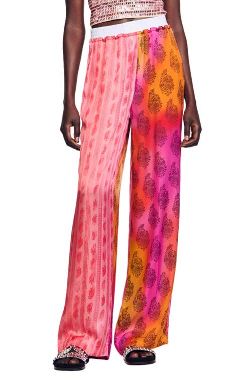 Sandro Dual Mix Print Wide Leg Pants In Pink/orange