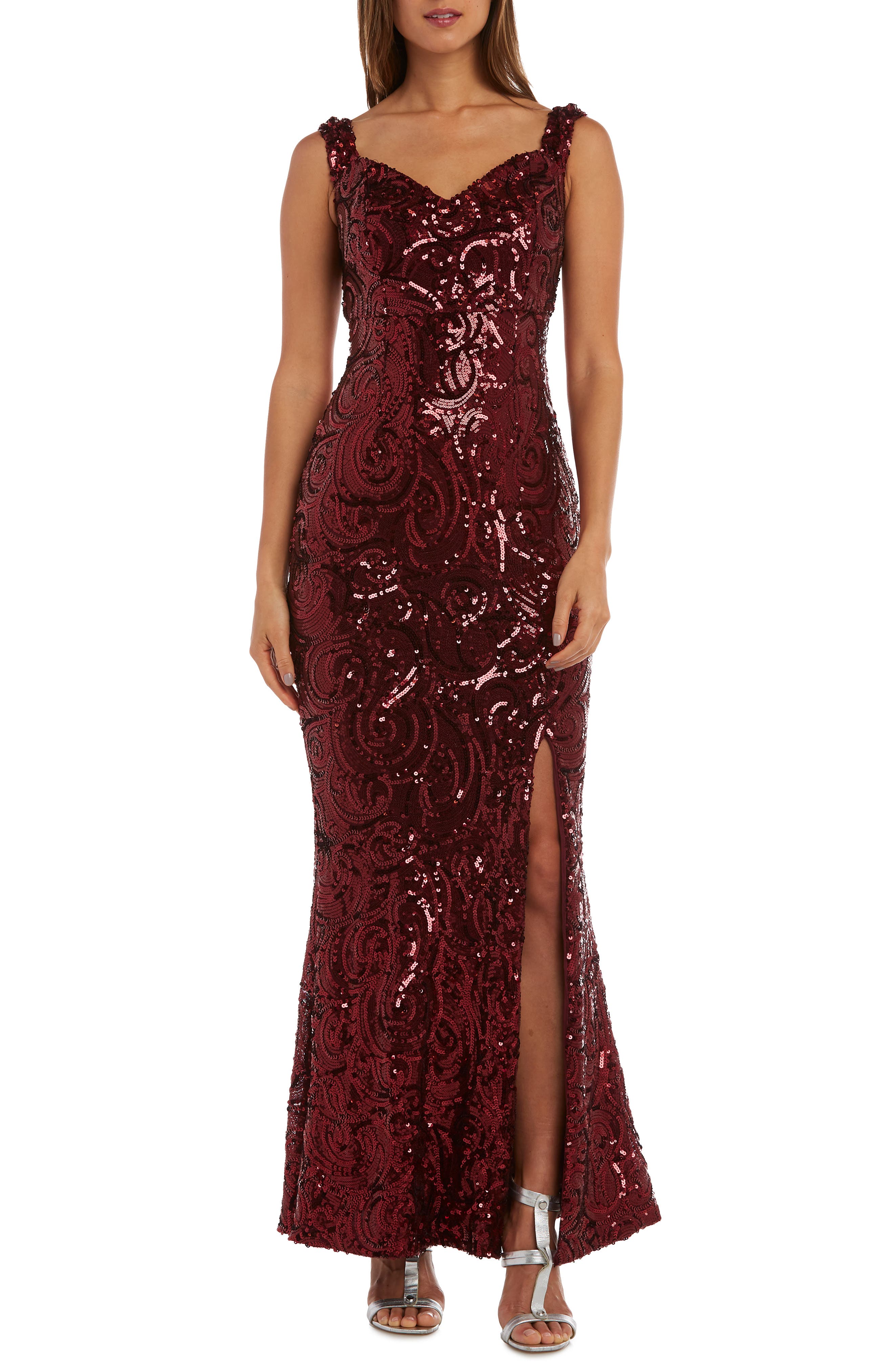 Morgan & Co. Convertible Neckline Sequin Swirl Trumpet Gown, Red