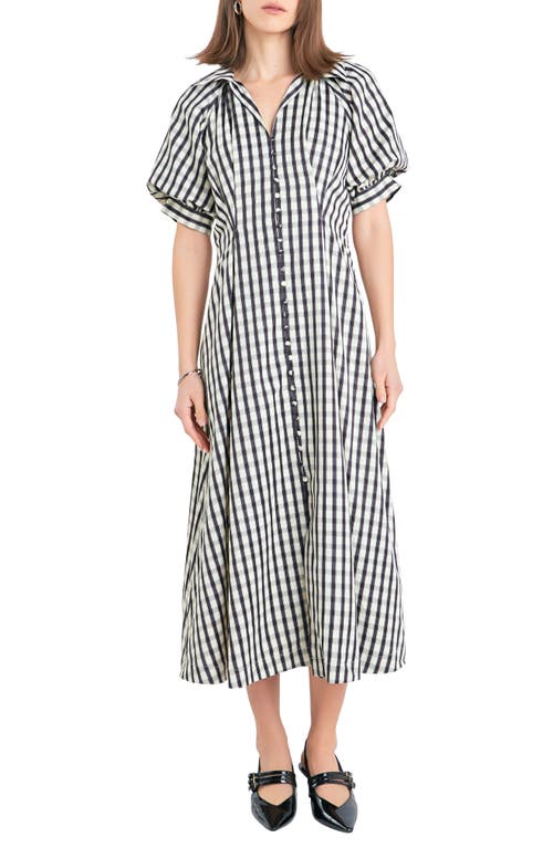 Shop English Factory Gingham Puff Sleeve Midi Shirtdress In Black Multi