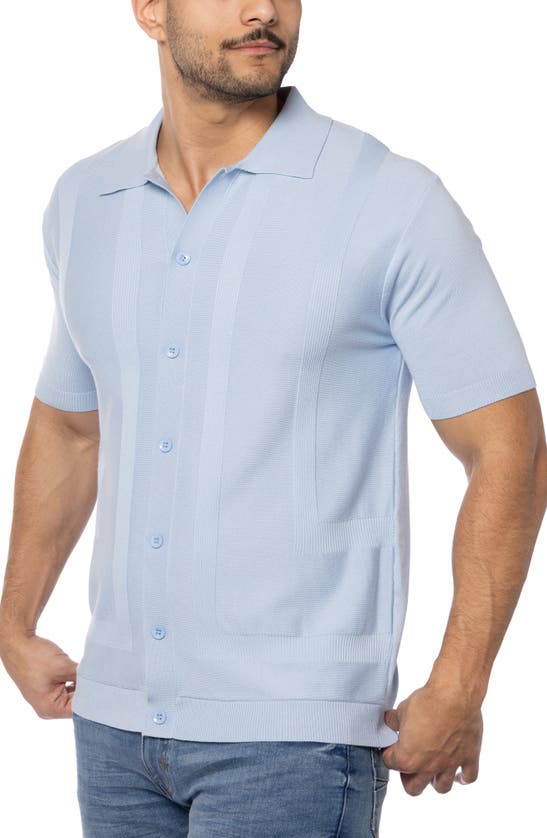 Spring + Mercer Textured Short Sleeve Button-up Sweater In Powder Blue