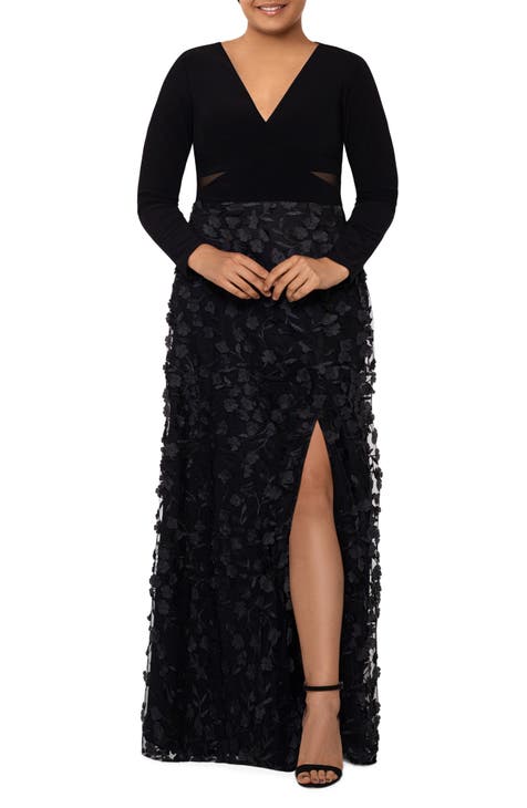 Xscape 3D Floral & Mesh Cutout Long Sleeve Gown (Plus Size)