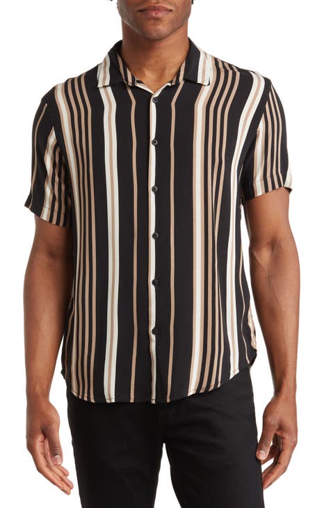 Stripe Print Short Sleeve Cotton Button-Up Shirt