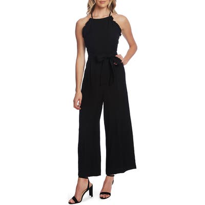 Cece Sleeveless Belted Ruffle Jumpsuit, Black