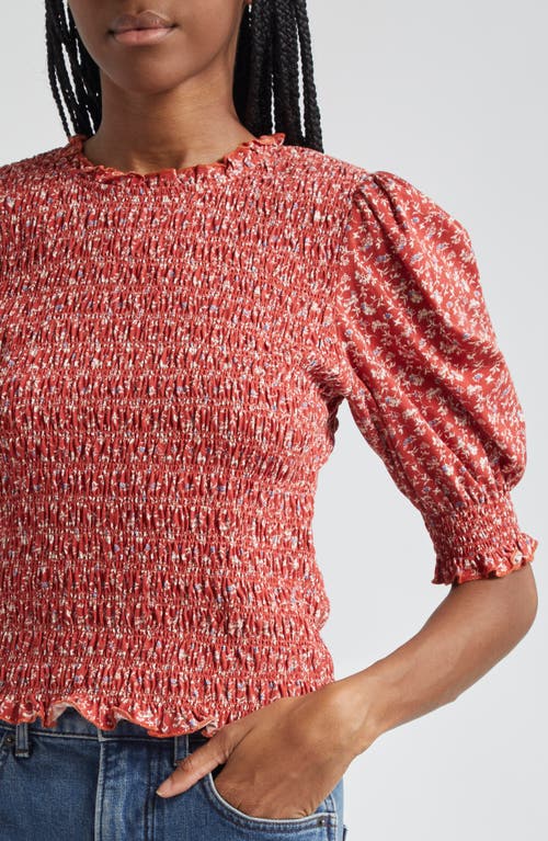 Shop Veronica Beard Langston Smocked Puff Sleeve Top In Brick Red/white