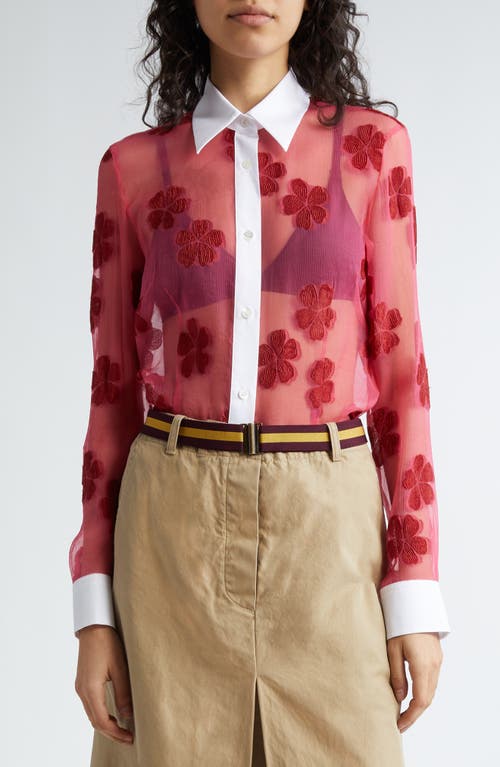 Dries Van Noten Floral Embroidered Sheer Button-Up Shirt Pink 5 at Nordstrom, Us