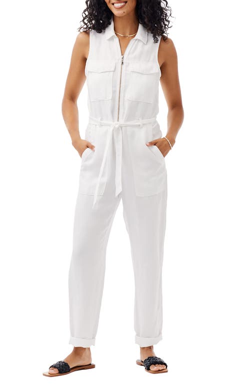 Zip Front Belted Cotton Blend Jumpsuit in White