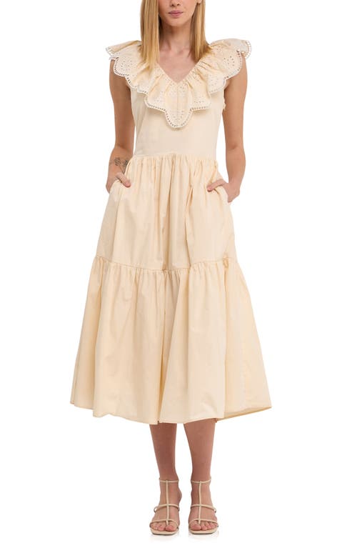 English Factory Ruffle Yoke Tiered Hem Midi Dress Beige at Nordstrom,