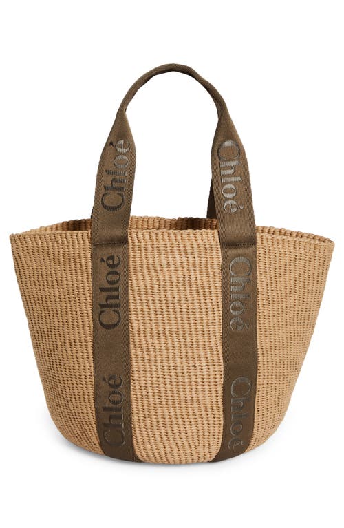 Shop Chloé Large Woody Straw Basket Tote In Dark Nut/beige