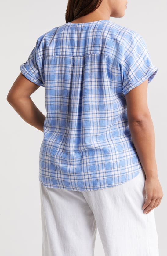 Shop Caslon Short Sleeve Linen Blend Popover Top In Blue C- White Sutton Plaid