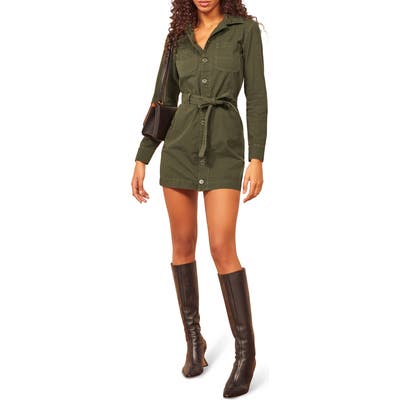 Reformation Lydia Utility Long Sleeve Organic Cotton Minidress, Green