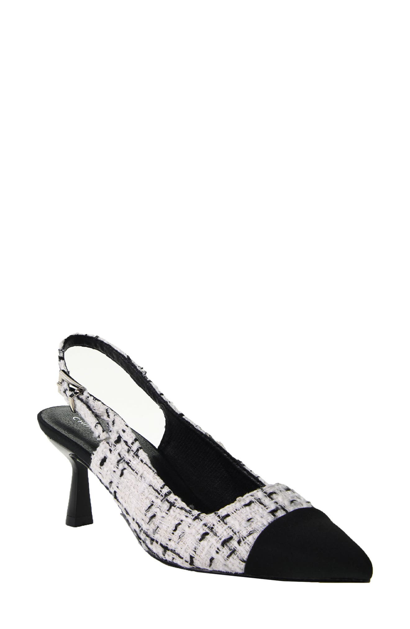 Chinese Laundry Mariella Slingback Pointed Cap Toe Pump in Black/White Multi 