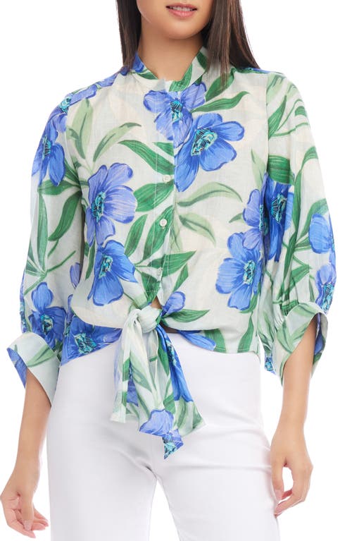 Karen Kane Floral Tie Front Linen Button-Up Top Print at Nordstrom