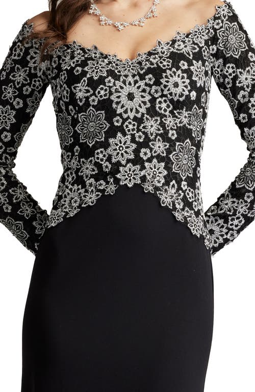 Shop Tadashi Shoji Embroidered Off The Shoulder Long Sleeve Gown In Ivory/black