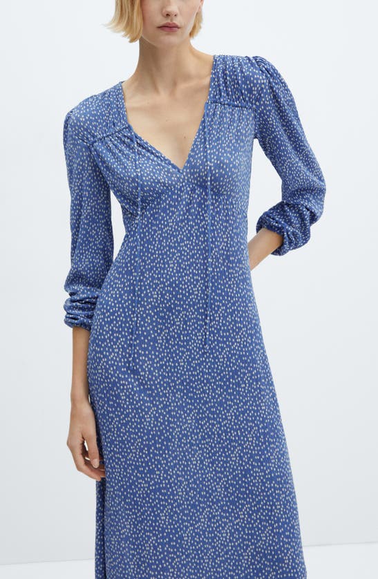 Mango Dot Split Neck Long Sleeve Dress In Blue