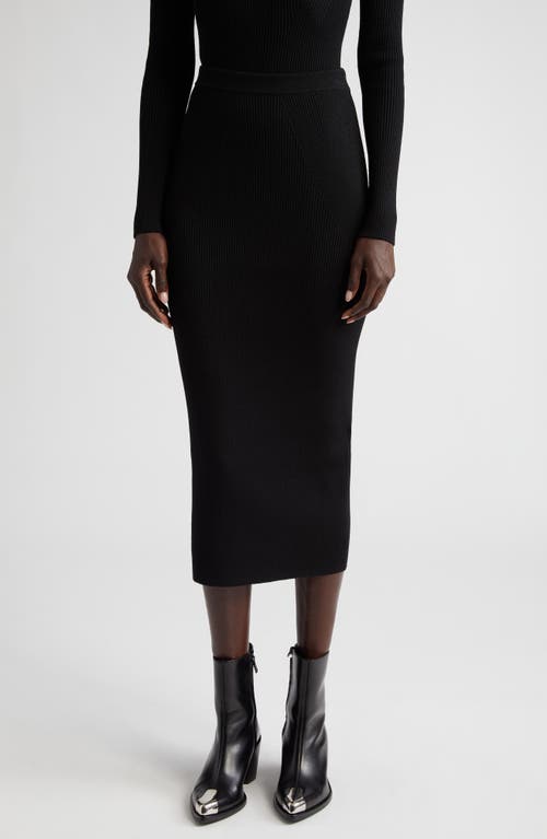 Wool Blend Mixed Rib Midi Pencil Skirt in 1000 Black