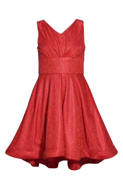 Red velvet white fur trim cascading high low dress offers 2t