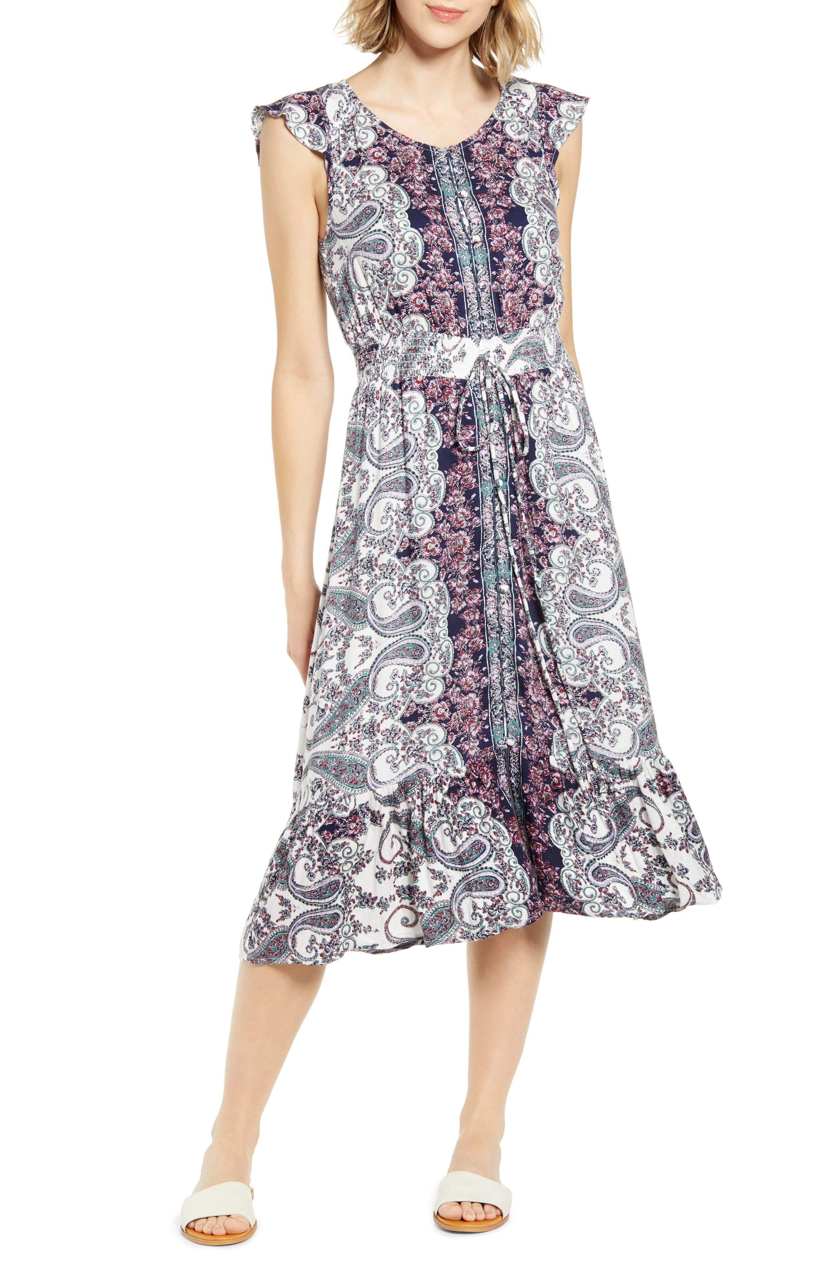 Lucky Brand Felicia Tie Waist Midi Dress, Purple