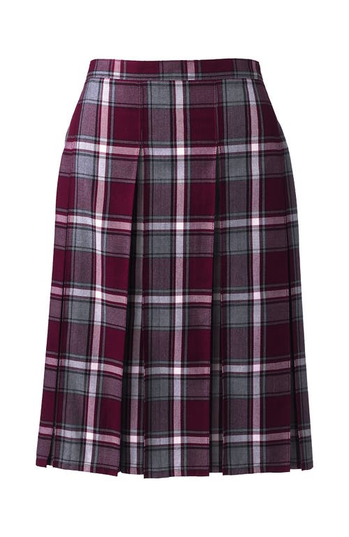 Lands' End School Uniform Young Plaid Box Pleat Skirt Top Of The Knee In Burgundy/gray Plaid