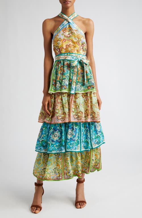 ALEMAIS Dreamer Floral Belted Tiered Linen & Ramie Maxi Sundress Multi Green/Blue at Nordstrom,
