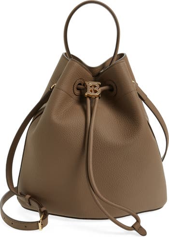 Leather Accents Drawstring Tote Shoulder Bucket Handbags for Women (Beige)