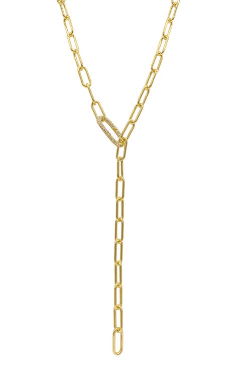 14K Yellow Gold Plated Paperclip Chain Lariat Necklace