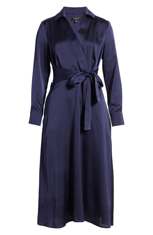 Shop Tahari Asl Long Sleeve Hammered Satin Wrap Front Shirtdress In Navy