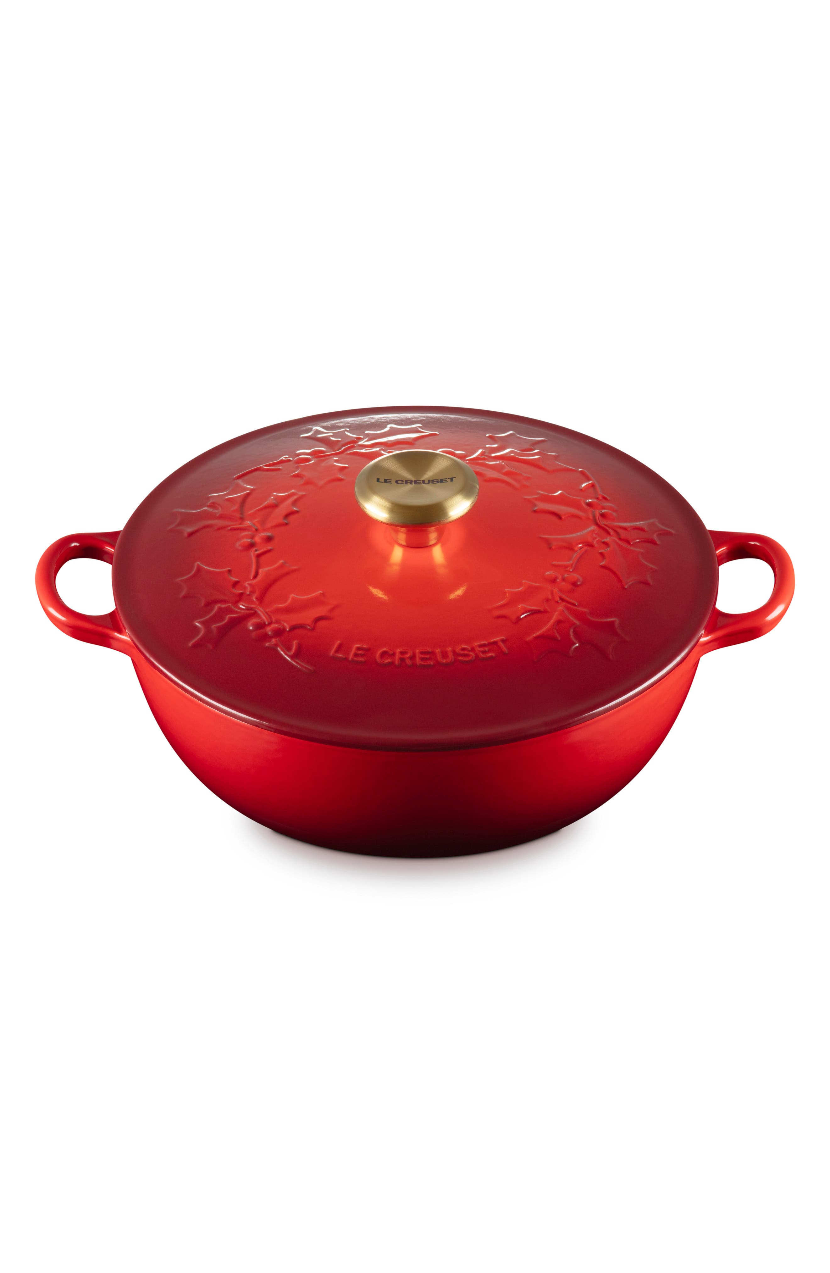 Le Creuset Holly Collection Traditional 4.5-Quart Enamel Cast Iron Dutch Oven with Lid in Cerise 