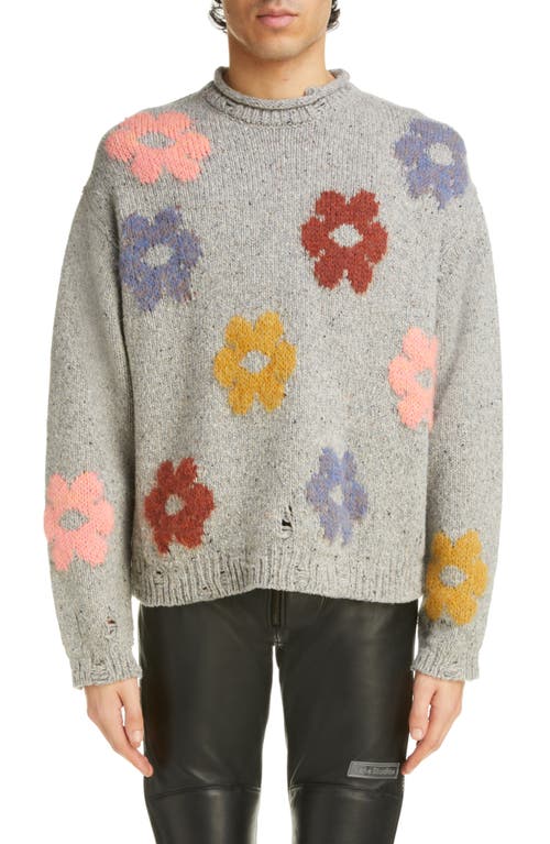Acne Studios Floral Intarsia Wool Blend Sweater in Grey Melange at Nordstrom, Size X-Large