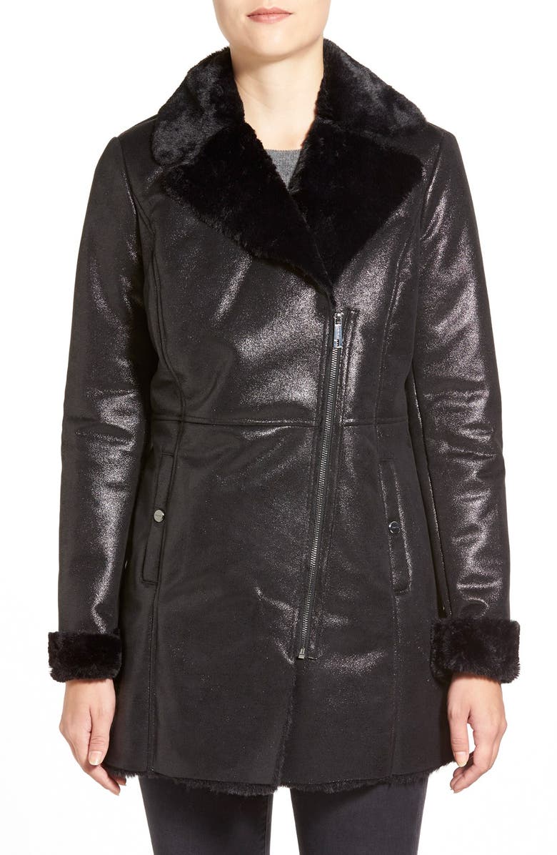 Kenneth Cole New York Asymmetrical Zip Faux Shearling Coat | Nordstrom