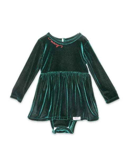 Worthy Threads Babies'  Embroidered Velvet Holiday Long Sleeve Bubble Romper In Emerald Green