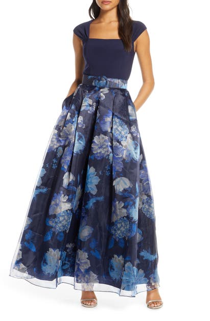 Click to view more detailed imagery on our partner's website Eliza J Jersey & Organza Ballgown In Navy Multi