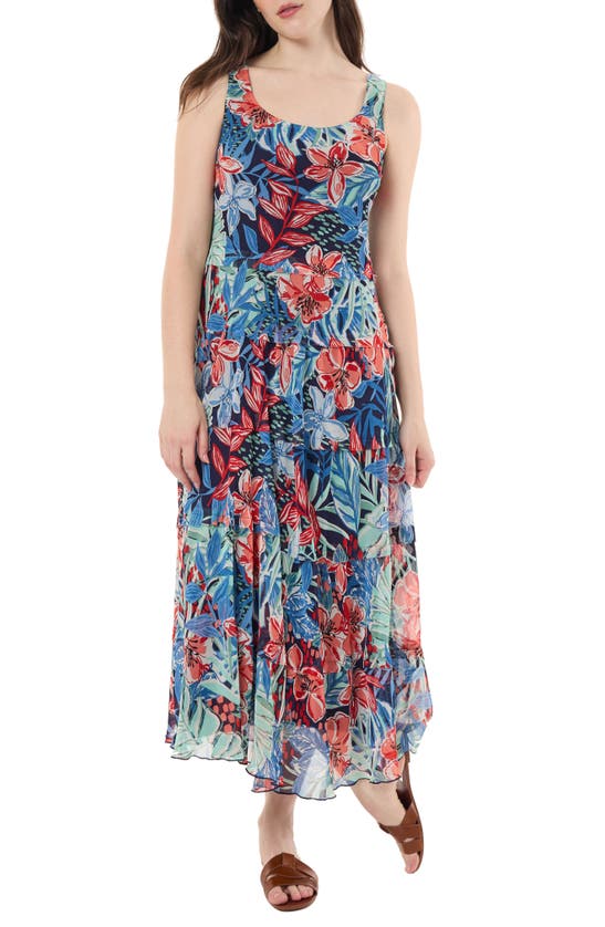 Shop Jones New York Floral Tiered Chiffon Maxi Dress In Pacific Navy Multi