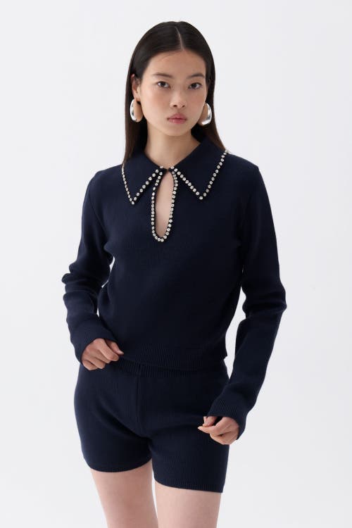 Shop Nocturne Shirt Collar Knit Sweater In Navy Blue